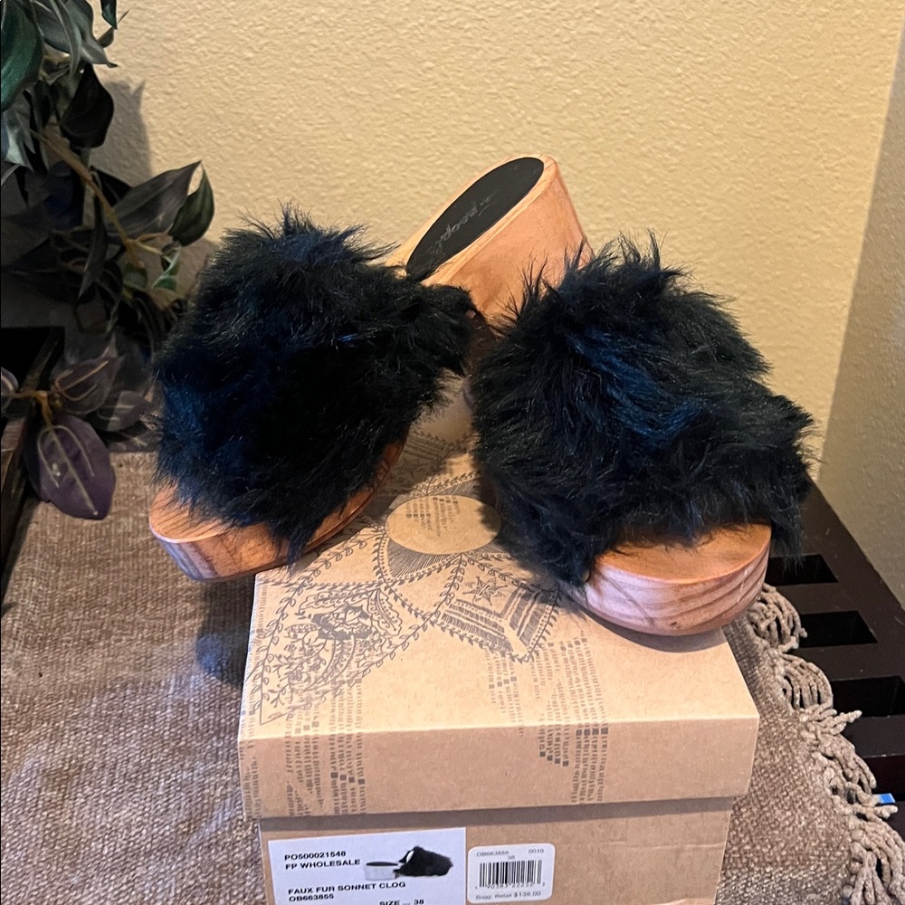 Free People Faux Fur Black and Tan Platform Sandals
